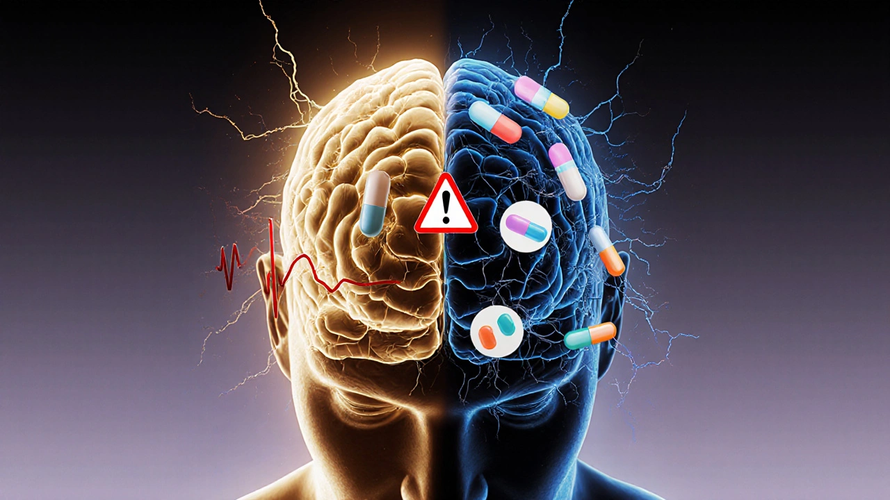Cerebro humano dividido: una mitad con conexiones saludables, la otra obstruida por píldoras que representan fármacos dañinos.