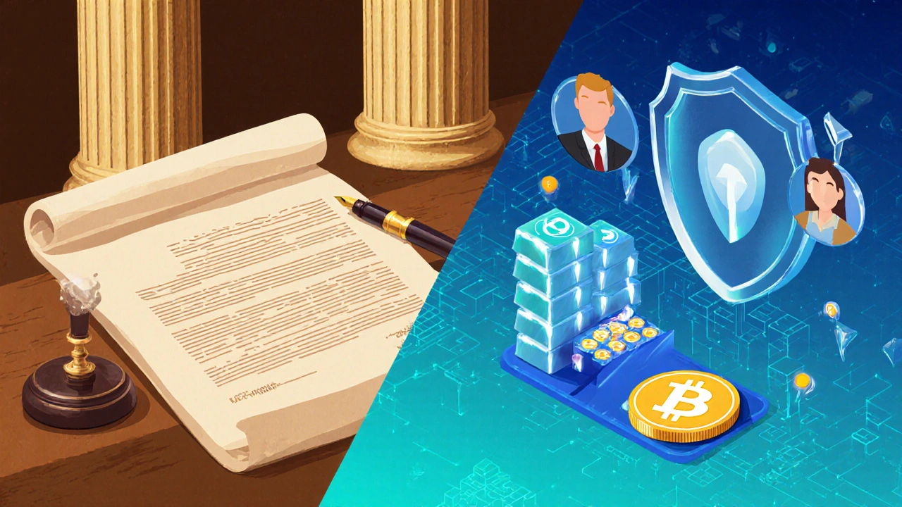 Comparación visual entre contrato tradicional y contrato inteligente con transferencia de tokens.