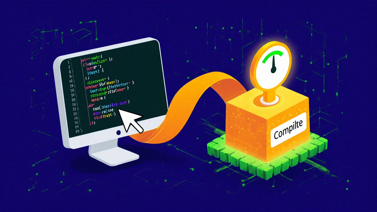 Desarrollador compilando Solidity y enviando la transacción de despliegue al blockchain.