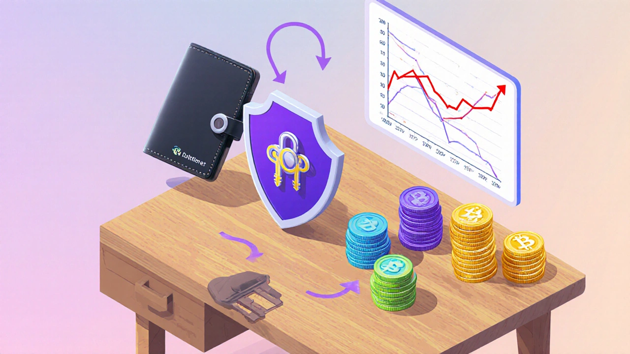 Ilustración isométrica de herramientas de mitigación de riesgo cripto.
