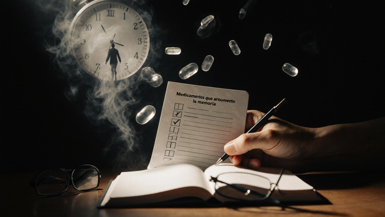 Mano sosteniendo una lista de medicamentos que afectan la memoria, mientras píldoras caen como hojas y un reloj se derrite al fondo.