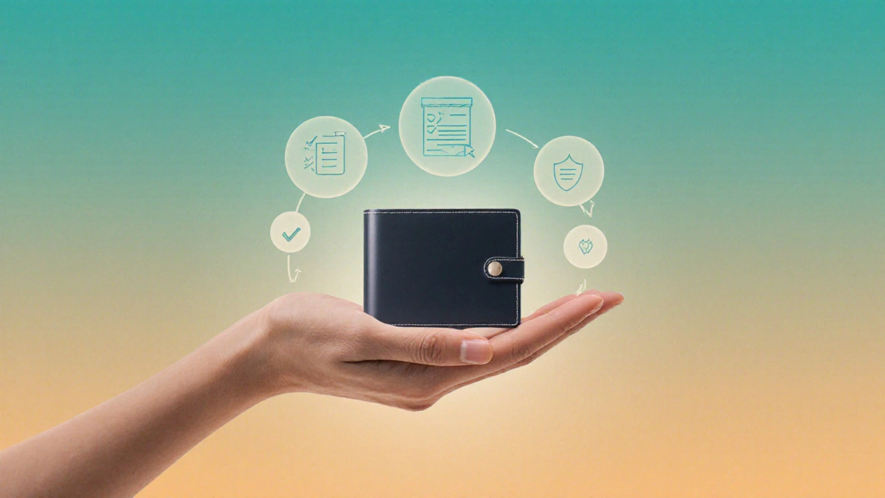 Mano sosteniendo wallet hardware con iconos de rebalanceo y checklist.