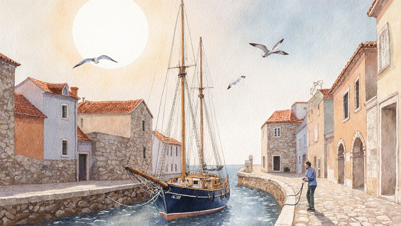 Pequeño velero amarrado en el puerto histórico de Dalt Vila, con calles empedradas y edificios de piedra alrededor.