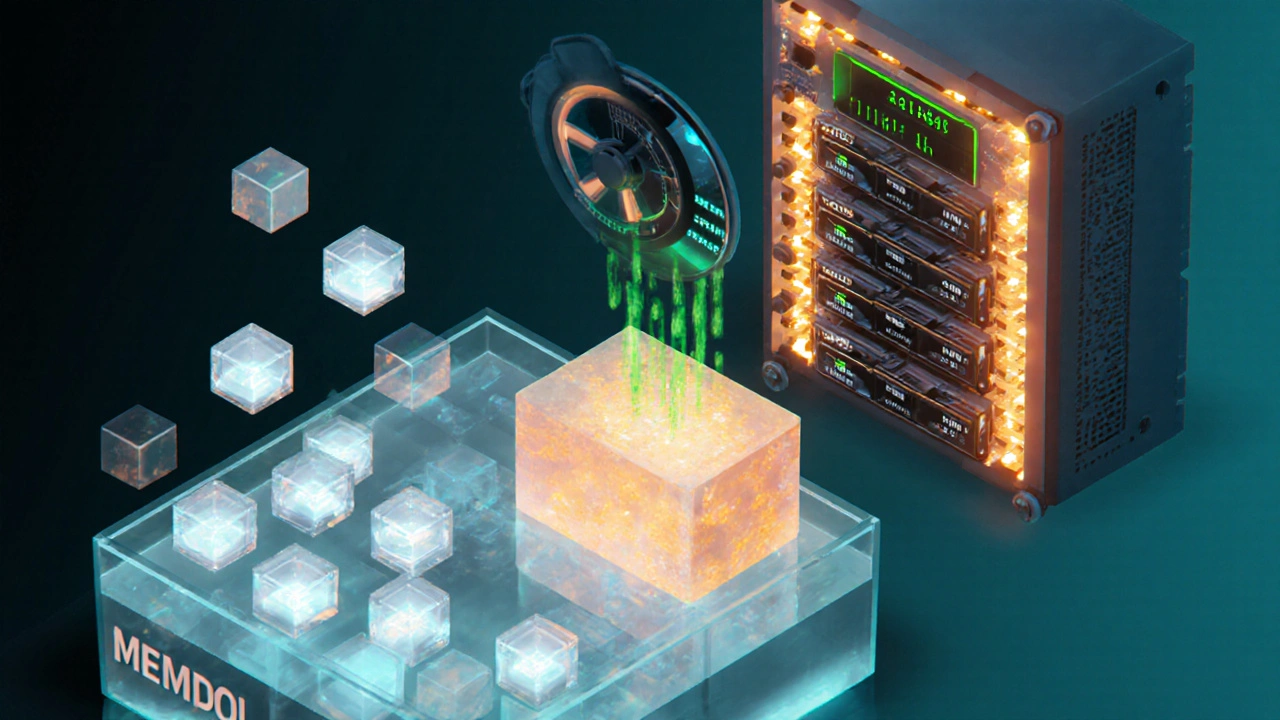 Render isométrico del proceso de minería: mempool, selección de transacciones y creación de bloque.