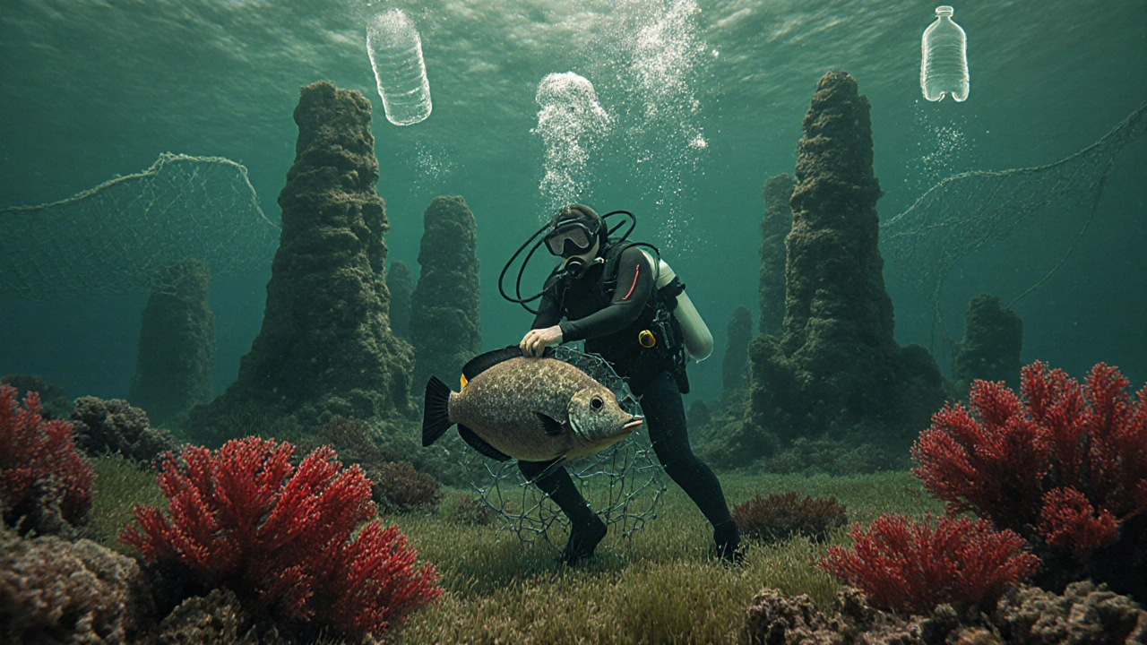 Buceador colocando una estructura artificial en una reserva marina, con sponjas gigantes y una merluza nadando cerca.