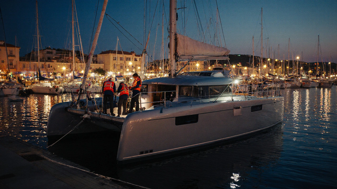 Catamarán en el puerto de San Antonio al anochecer, tripulación revisa equipos y repostan.