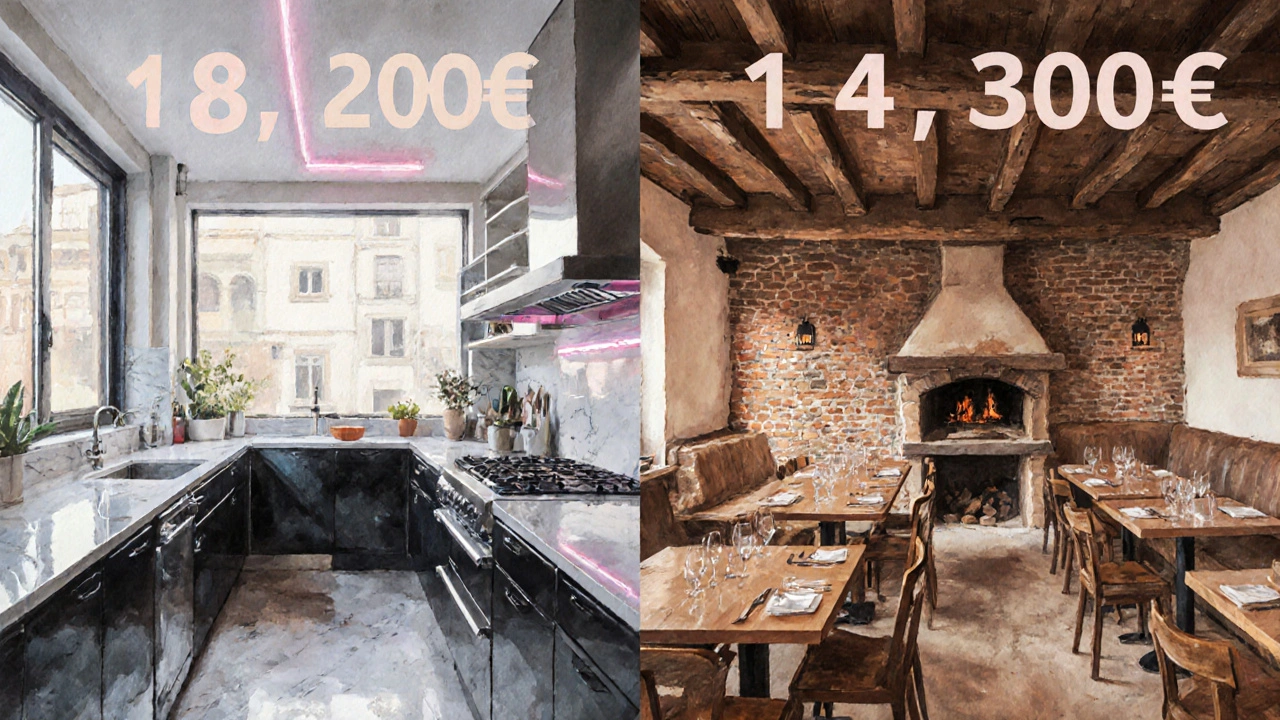 Comparación visual de cocinas de Madrid y Galicia que simboliza diferencias salariales.