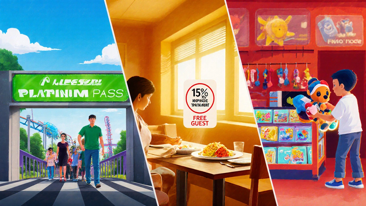 Escena de Fast‑Track, restaurante con descuento y tienda de recuerdos, ilustrando beneficios.