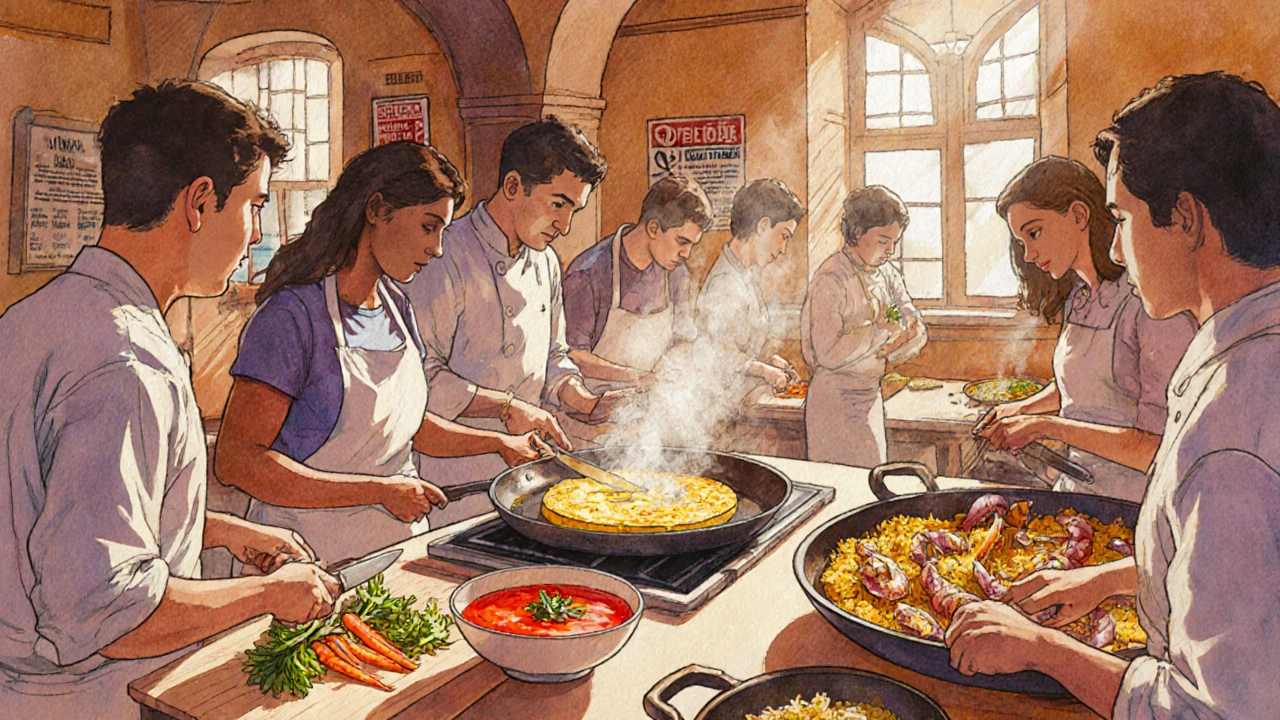 Escena de taller culinario con estudiantes preparando tortilla, gazpacho y paella.