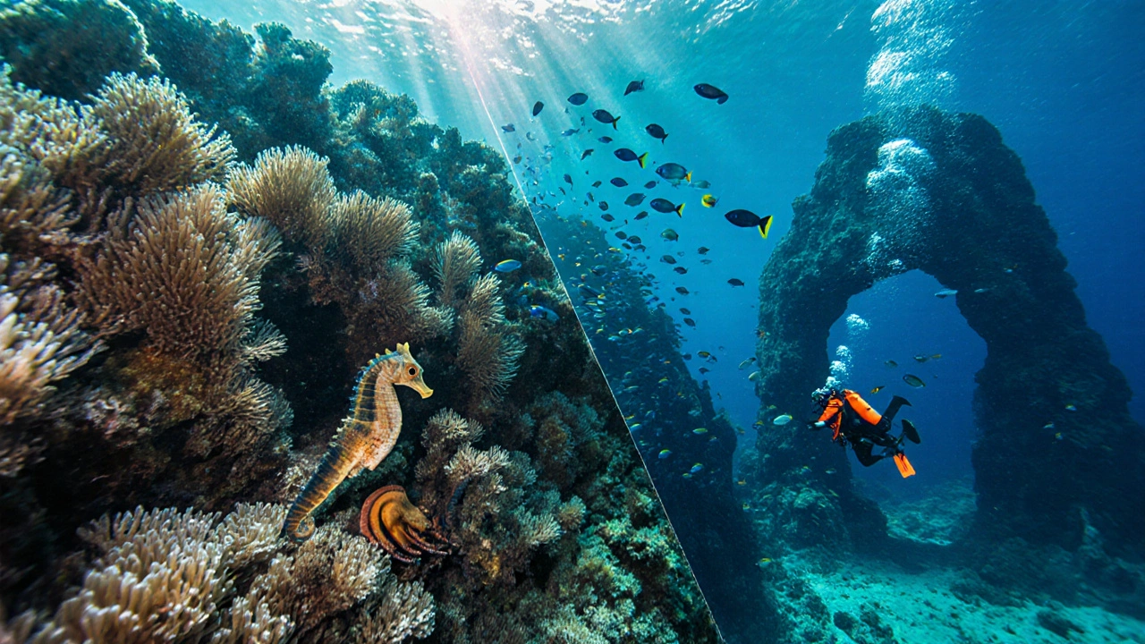 Escena submarina comparando buceo en Illes Medes y Cap de Creus con fauna diversa.