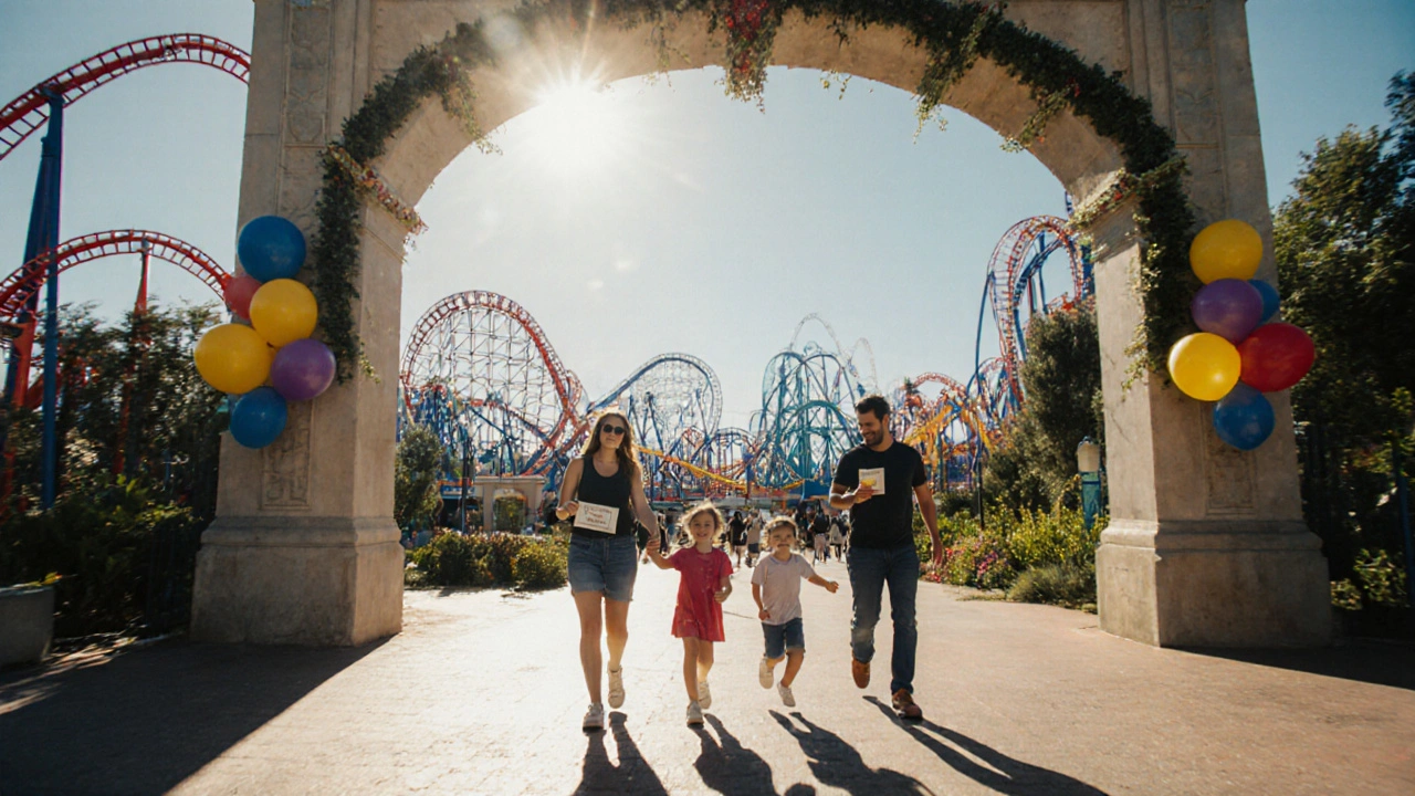 Familia feliz entrando a un parque temático bajo el sol.