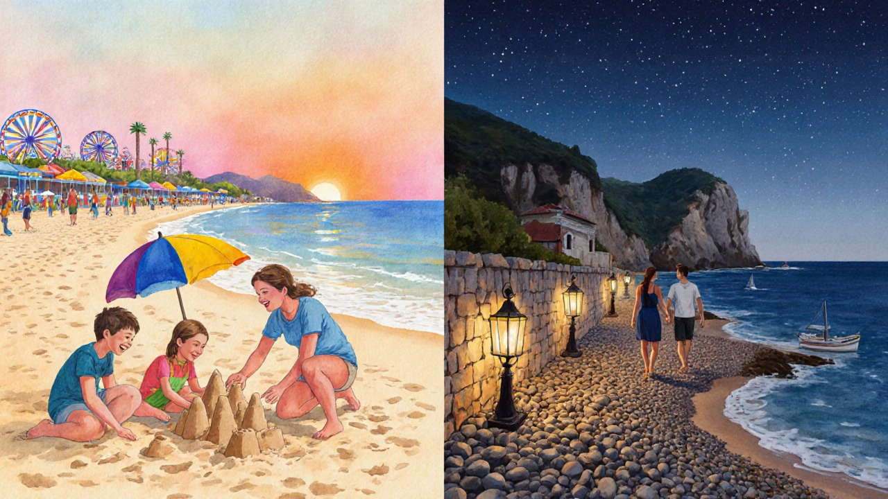 Ilustración acuarela de familia en playa amplia y pareja en cala escondida al atardecer.