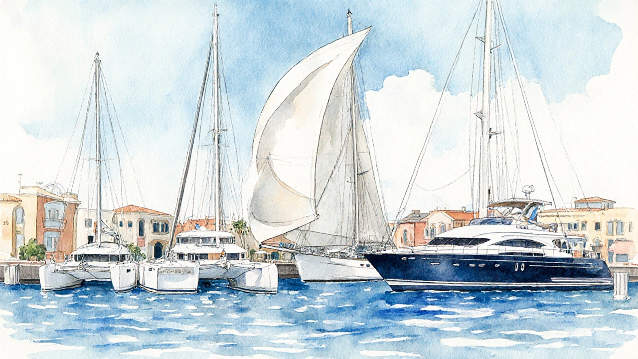 Ilustración de motor, catamarán, vela y mega‑yate en el puerto de Ibiza.
