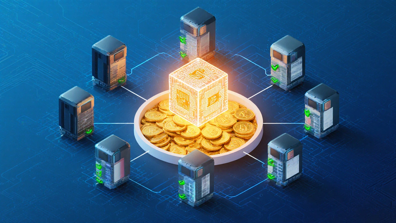 Ilustración isométrica de proceso de consenso: pool de tokens, nodo seleccionado creando bloque y enviándolo a otros nodos.