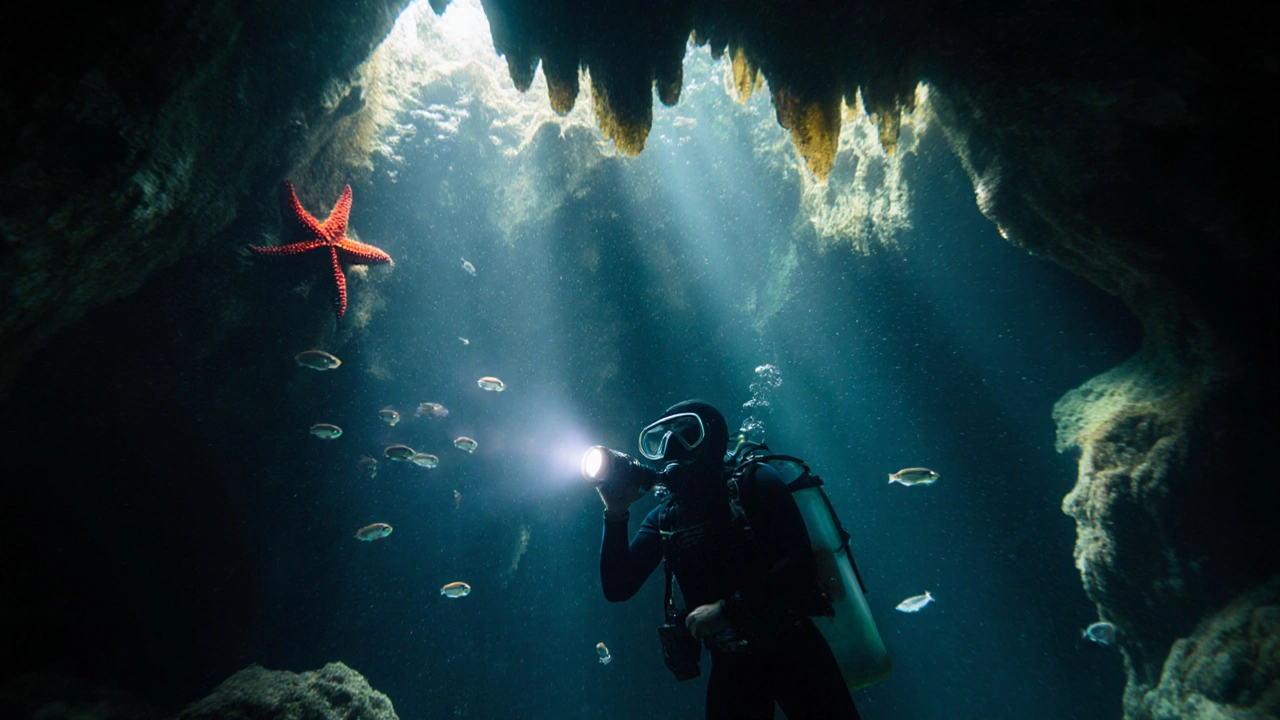 Interior de una cueva submarina iluminada por haces de luz, con una estrella de mar roja y peces nadando entre los rayos.