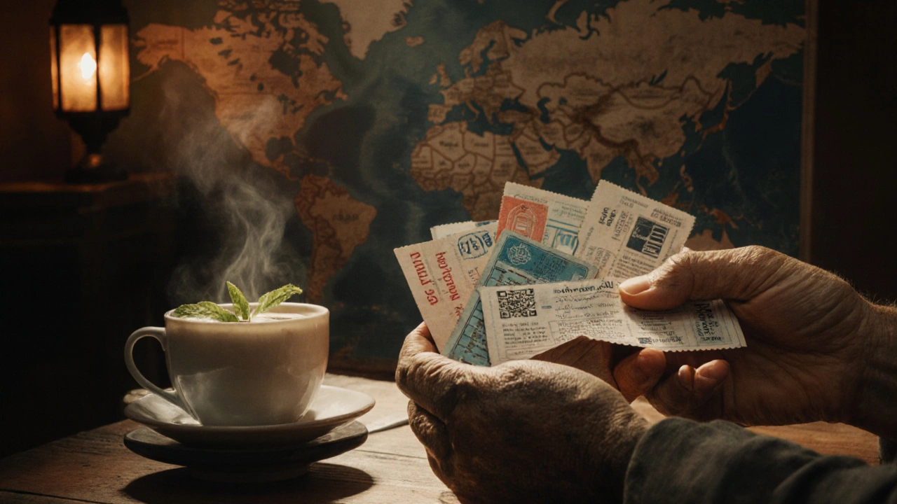 Manos sosteniendo boletos de transporte de varios países junto a una taza de té.