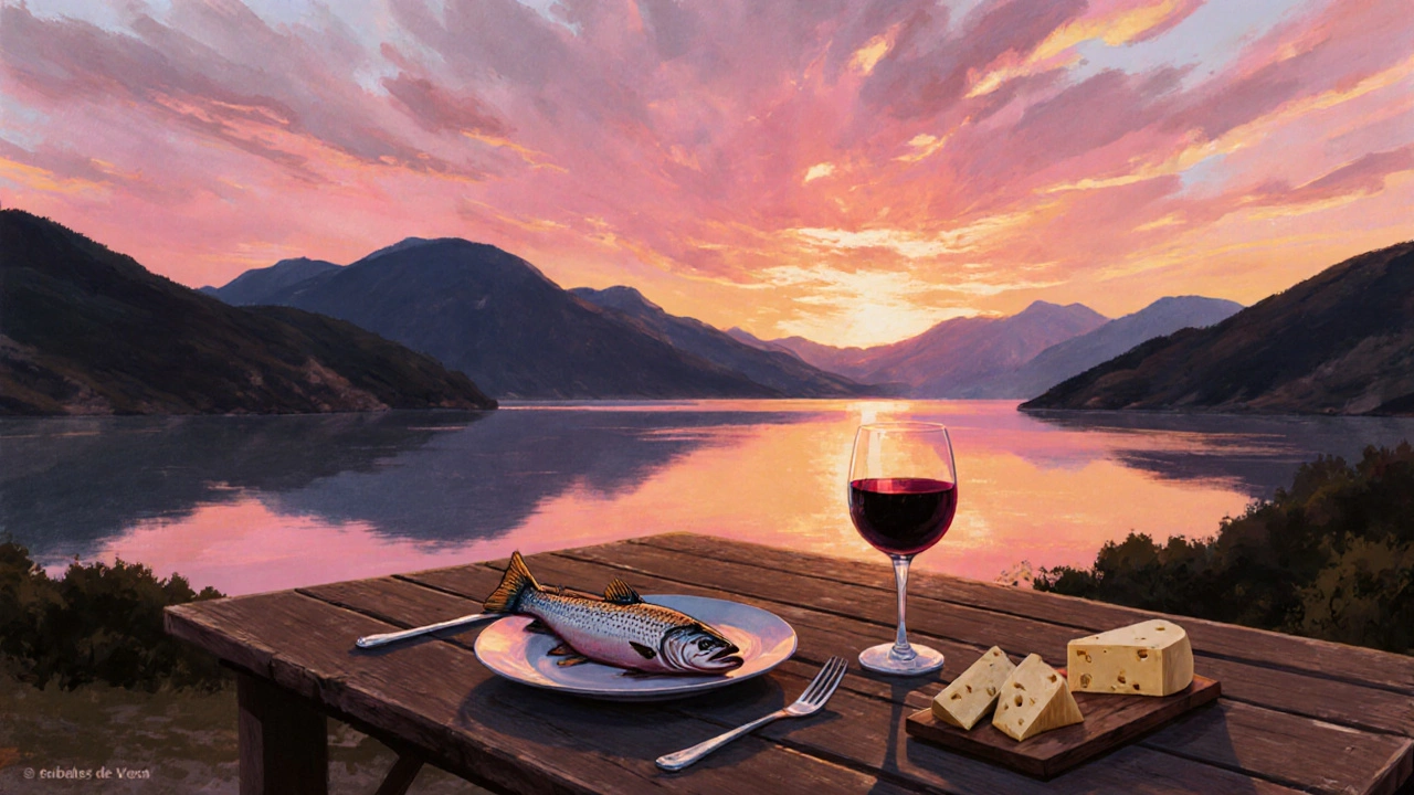 Mesa al atardecer con trucha y vino con el embalse de Yesa al fondo.