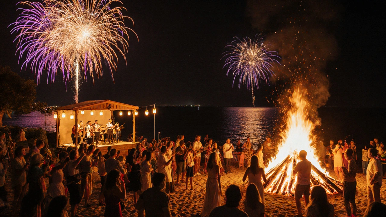 Noche de fiestas de San Juan en Mallorca con hogueras, fuegos artificiales y gente celebrando en la playa.