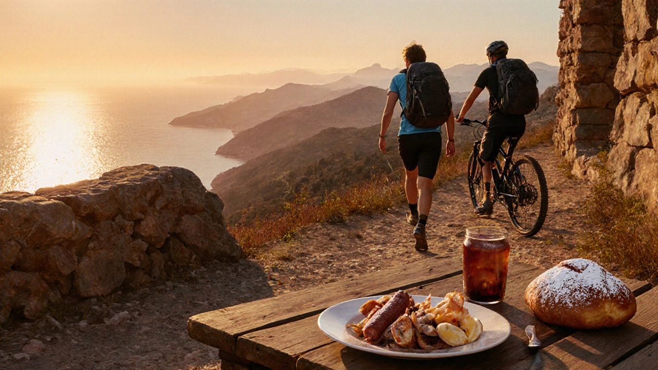 Senderistas y ciclistas en la Serra de Tramuntana al atardecer, con vista al mar y platos típicos mallorquines sobre una mesa.