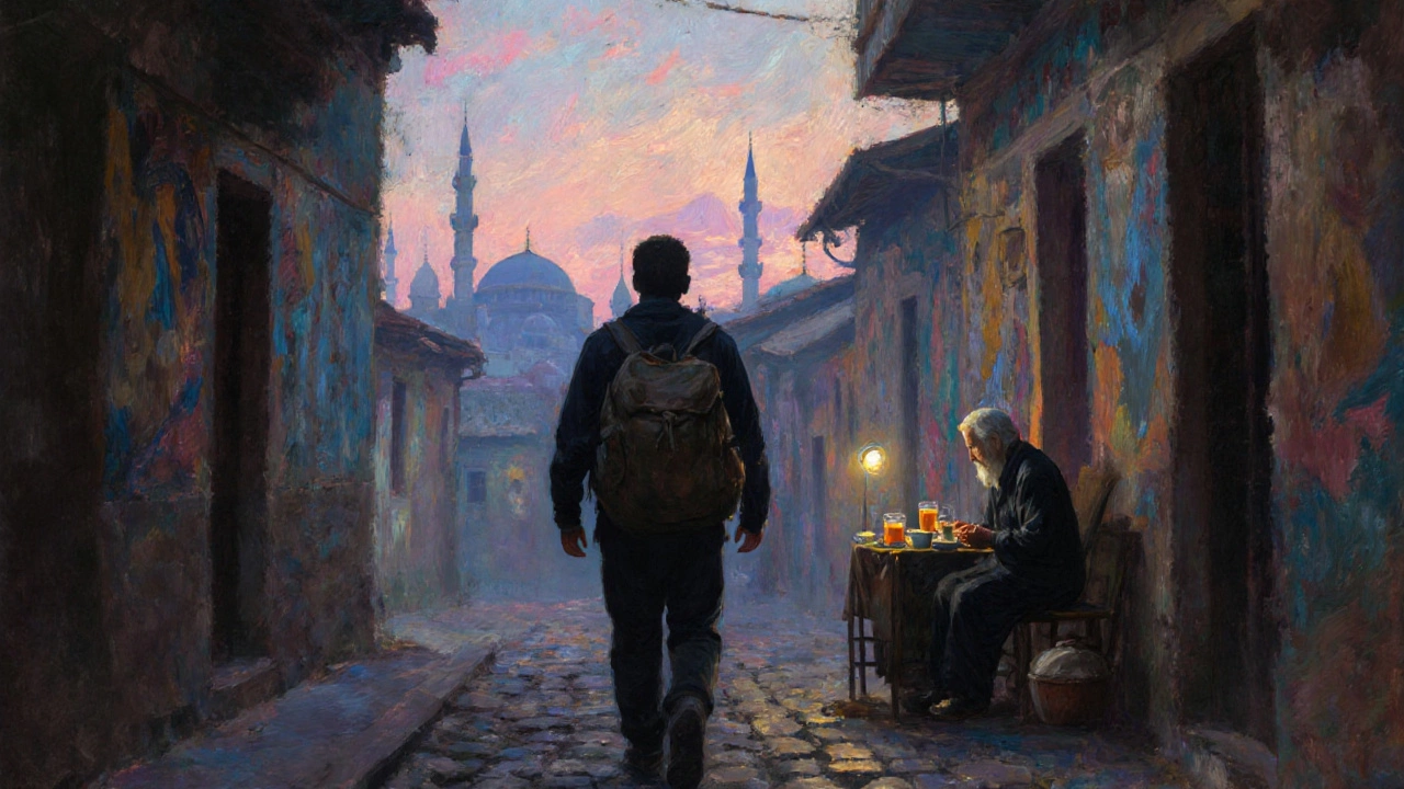 Silueta de persona caminando por una calle empedrada al amanecer en Tánger.