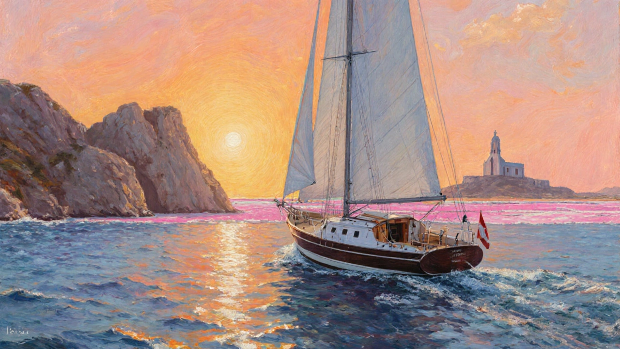 Velero de 30 ft navegando al atardecer cerca de Cala d&#039;Hort, Es Vedrà y Ses Salines.