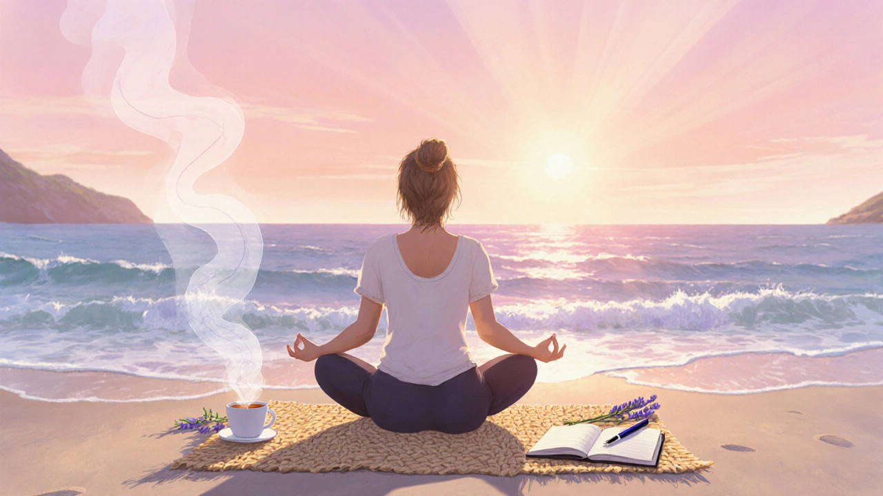 Viajero hace yoga al amanecer en una playa, con diario y té.
