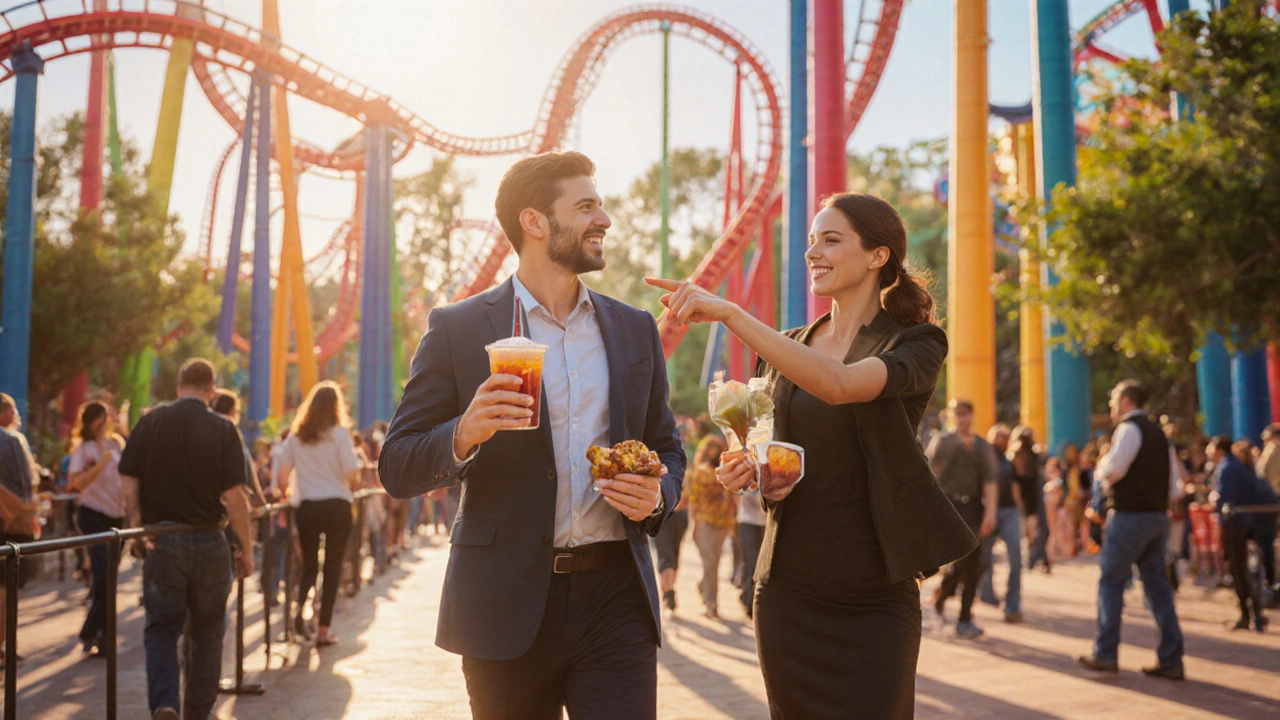 Asistente VIP guía a un visitante saltando colas en una montaña rusa, con bebida y snack incluidos en un parque español.