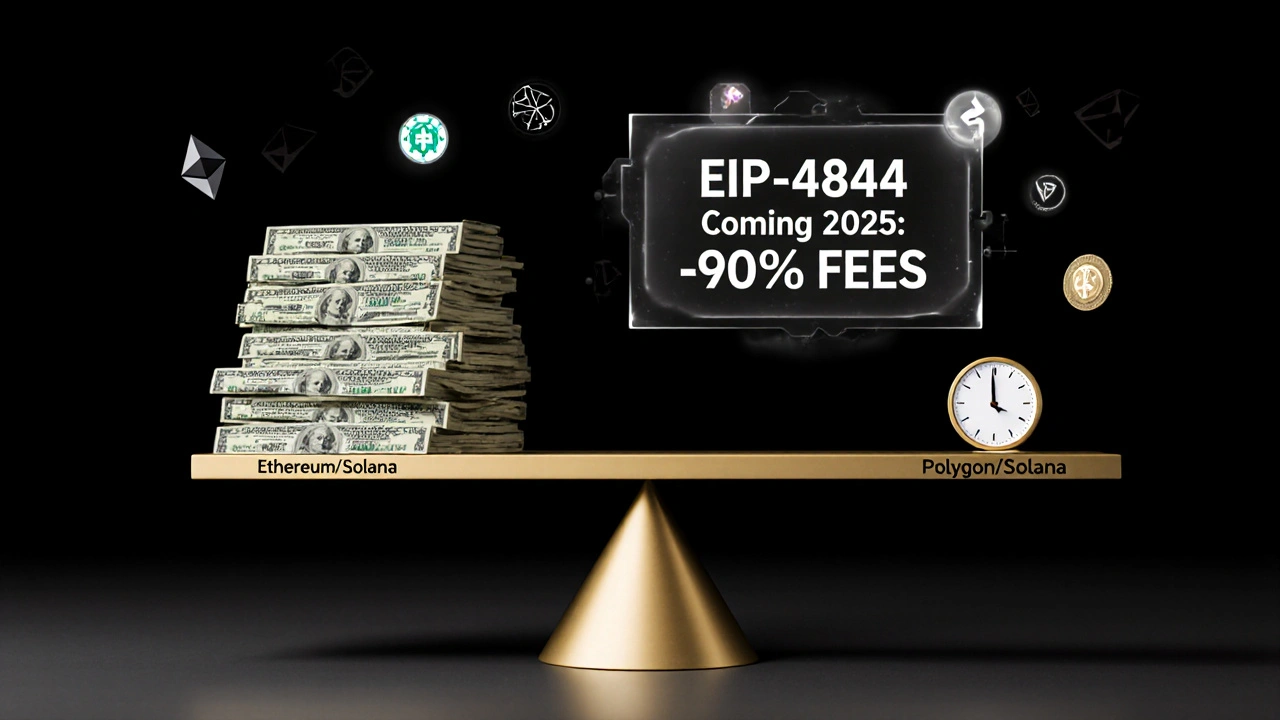 Balanza que compara montones de billetes de Ethereum con una sola moneda de Polygon, con holograma de reducción de costos.