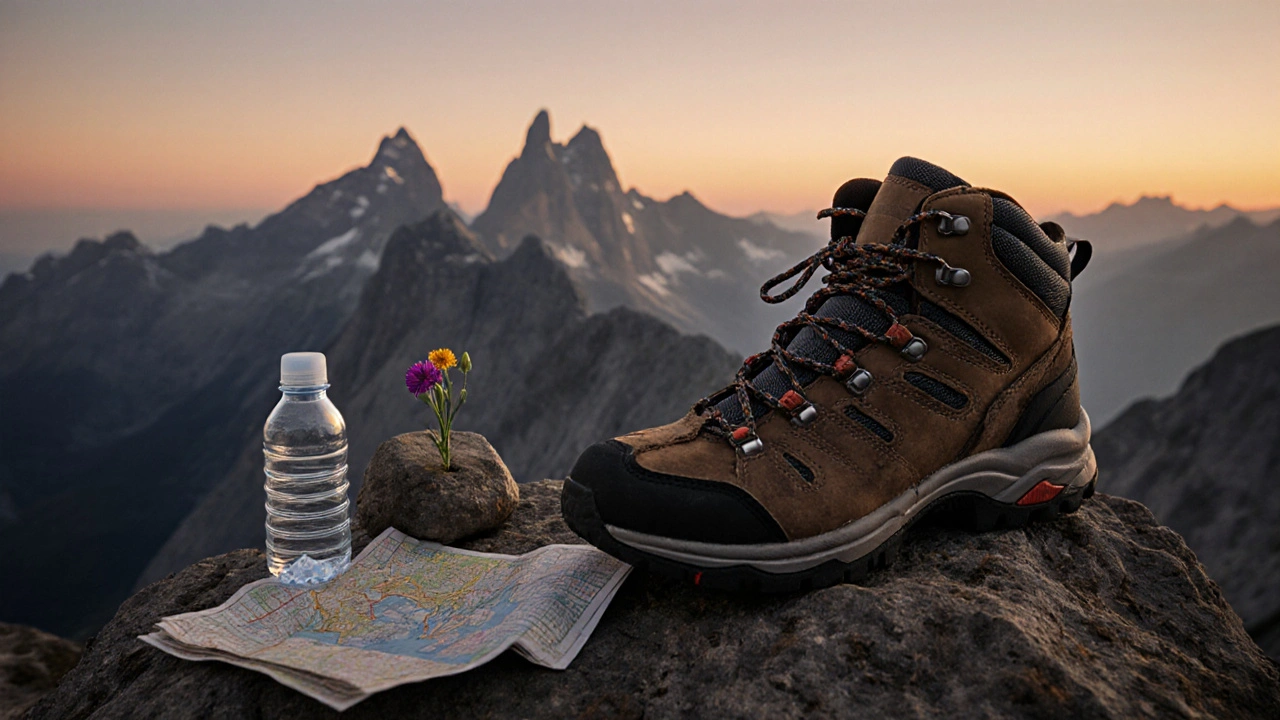 Botas de senderismo desgastadas junto a un mapa y una flor silvestre en un acantilado al atardecer.