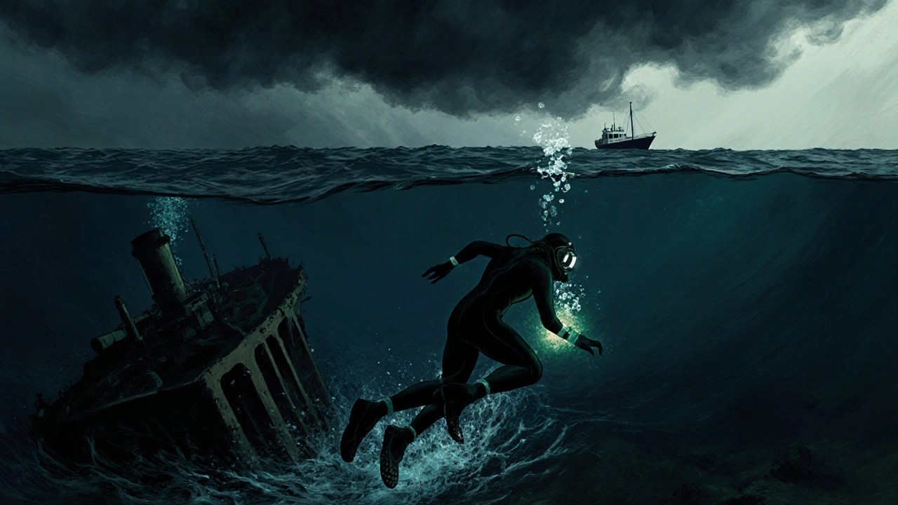 Buceador cerca del naufragio del SS Catalunya, con corrientes oscuras y nubes tormentosas en el horizonte.