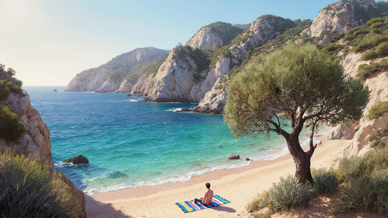 Cala tranquila y limpia en Banyalbufar, con agua turquesa y rocas naturales, sin turistas.
