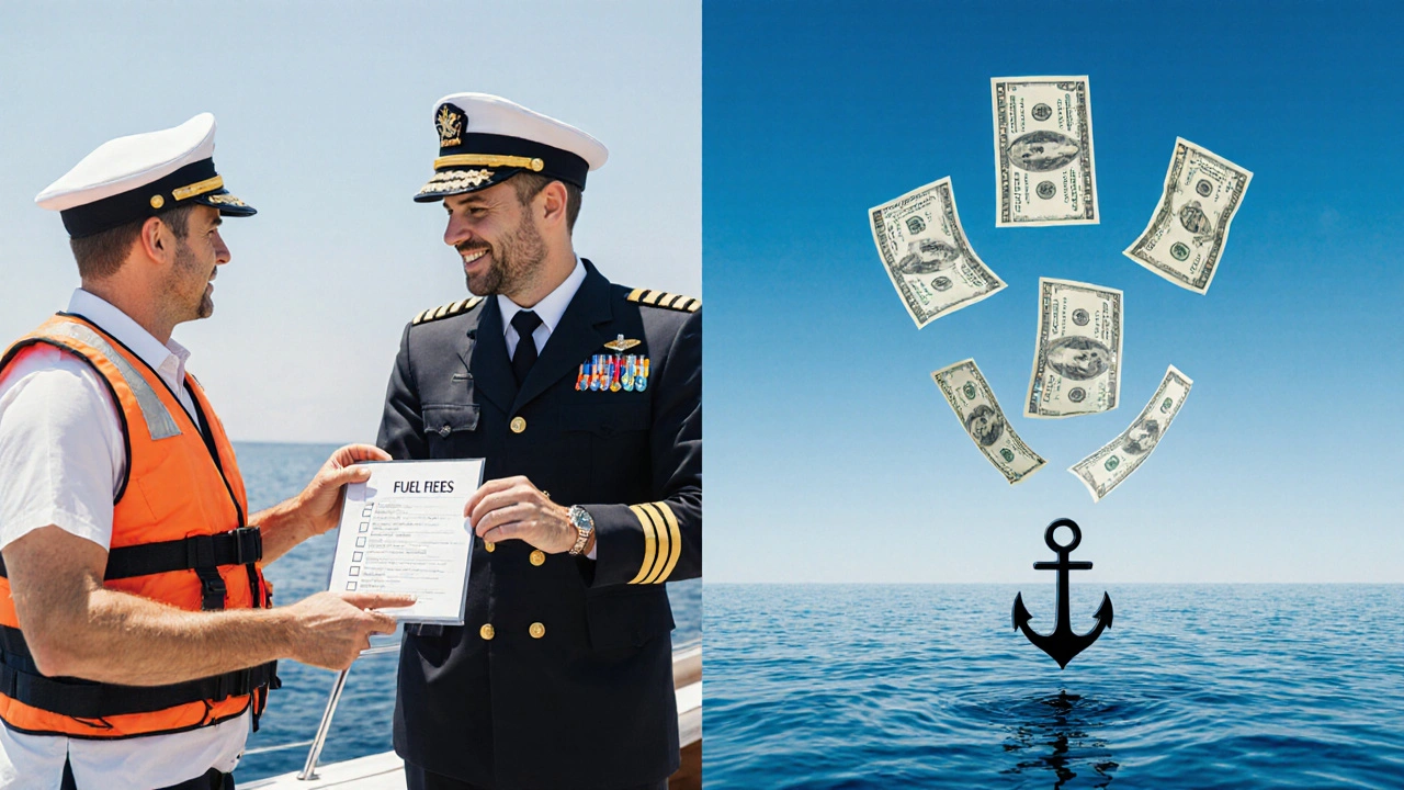 Capitán entregando equipo de seguridad mientras flotan gastos ocultos como combustible y depósitos sobre el mar.