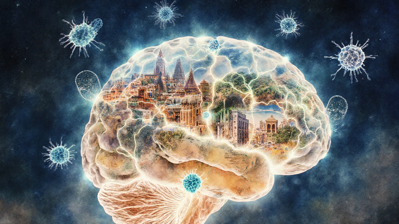 Cerebro humano con mapas globales y bacterias flotantes, representando cambios por viajar.