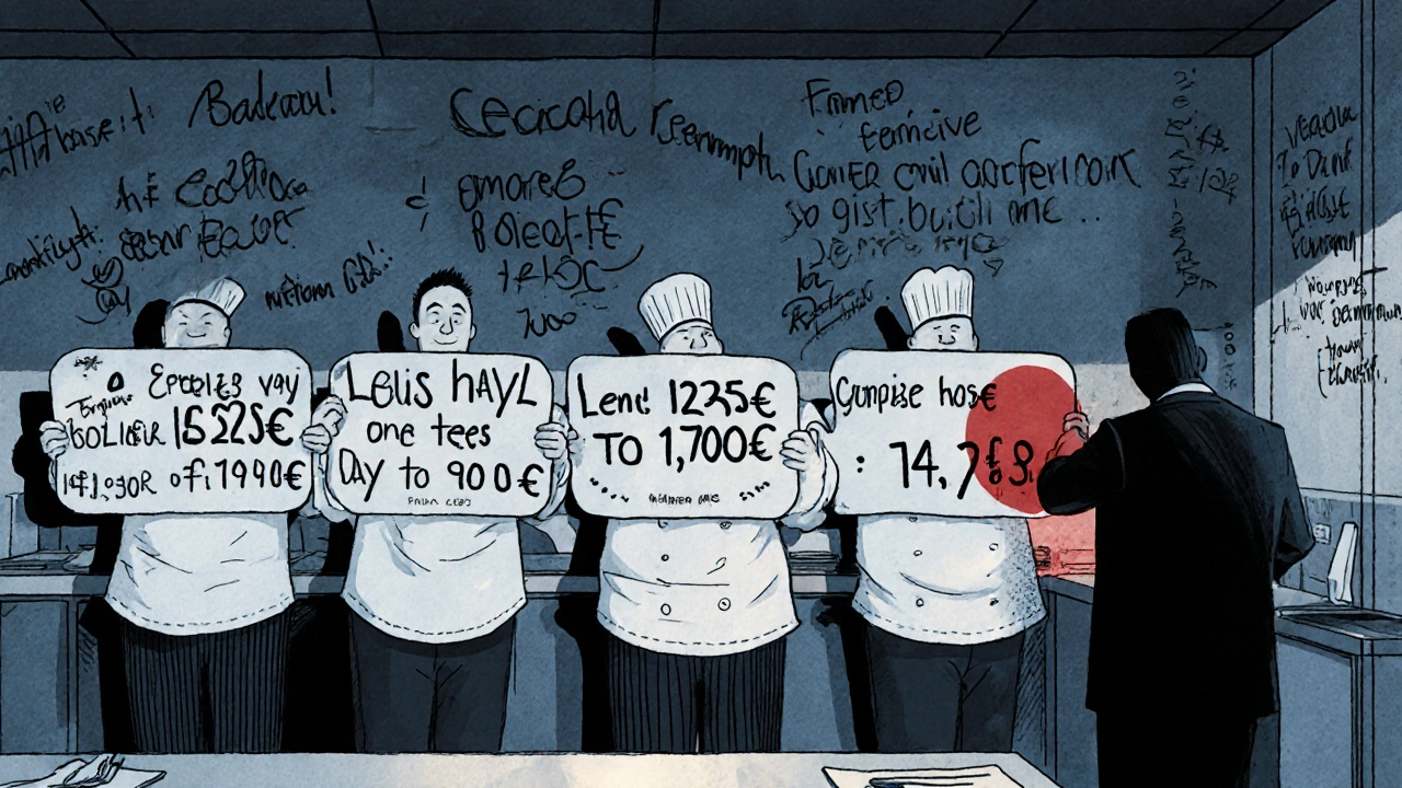 Cocineros en una cocina de Bilbao con salarios distintos, mientras una figura intenta reducirlos.