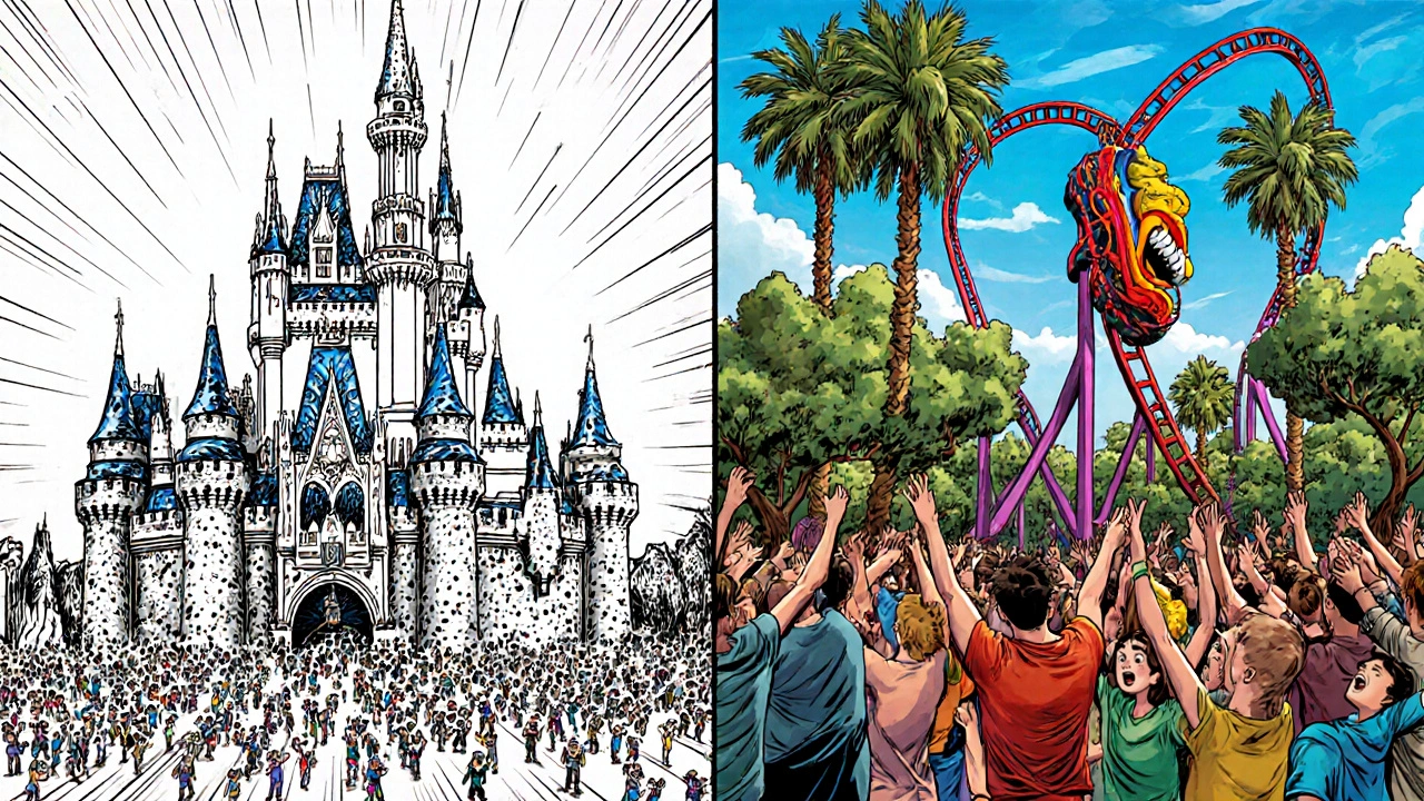 Comparación cómica entre Walt Disney World y PortAventura: castillo masivo frente a una montaña rusa con multitudes.