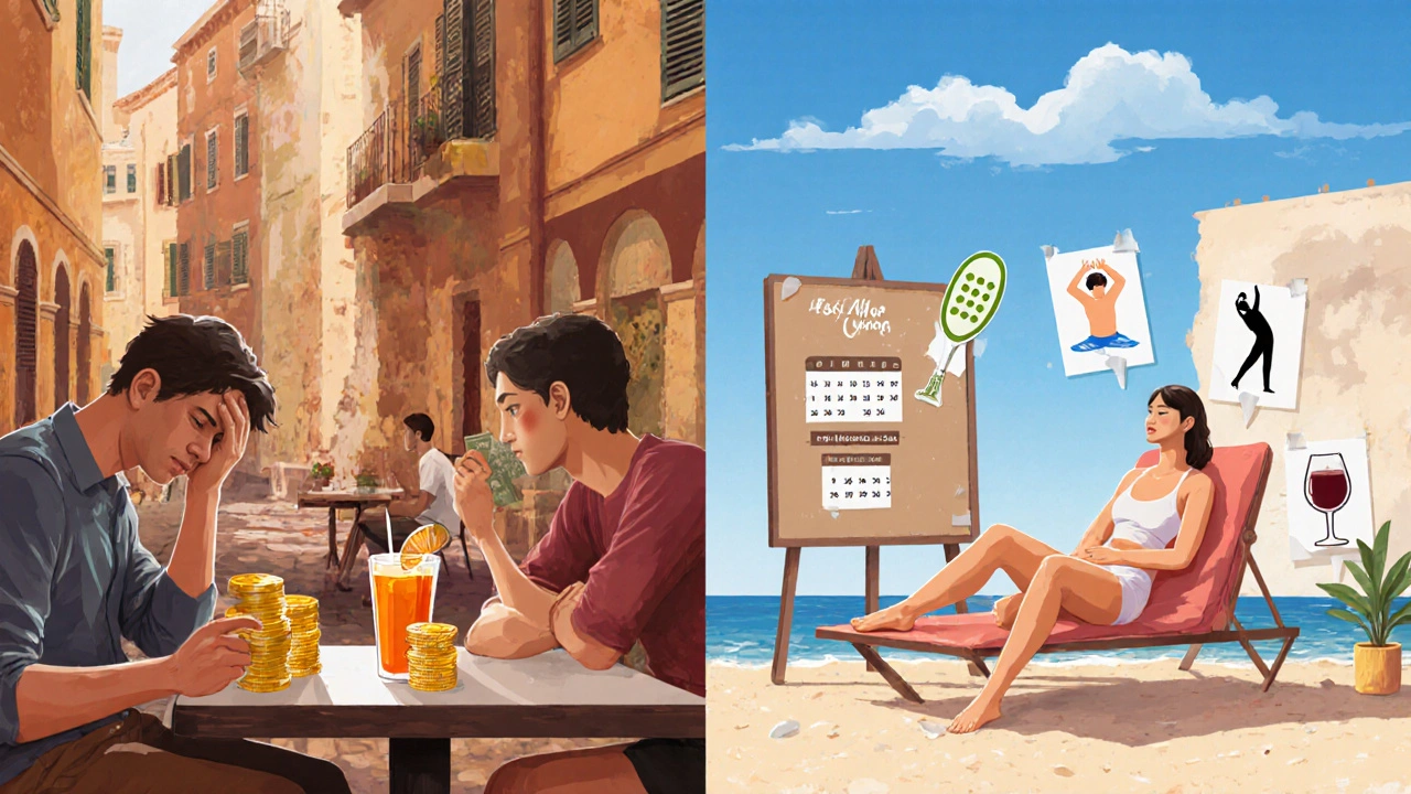 Contraste conceptual entre viajar con estrés y relajarse en un paquete todo incluido, con símbolos de actividades y bebidas ilimitadas.