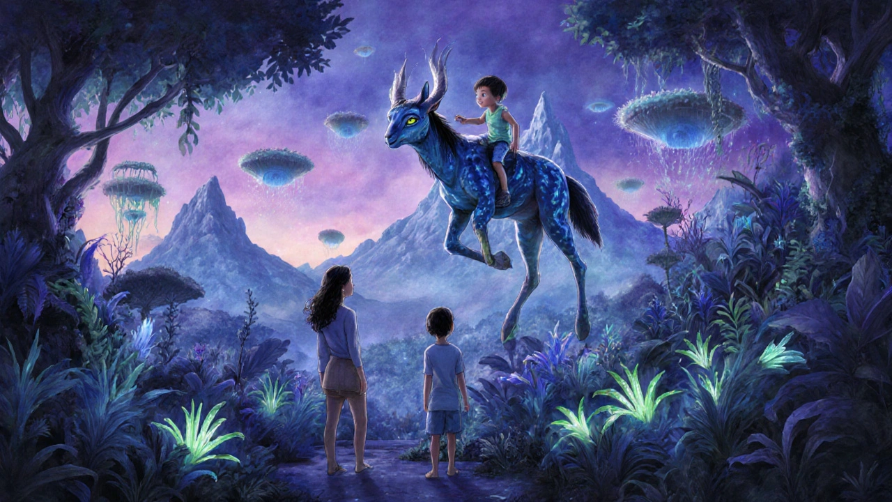 Familia montando un banshee en la zona de Avatar en Animal Kingdom, con plantas bioluminiscentes y montañas flotantes.