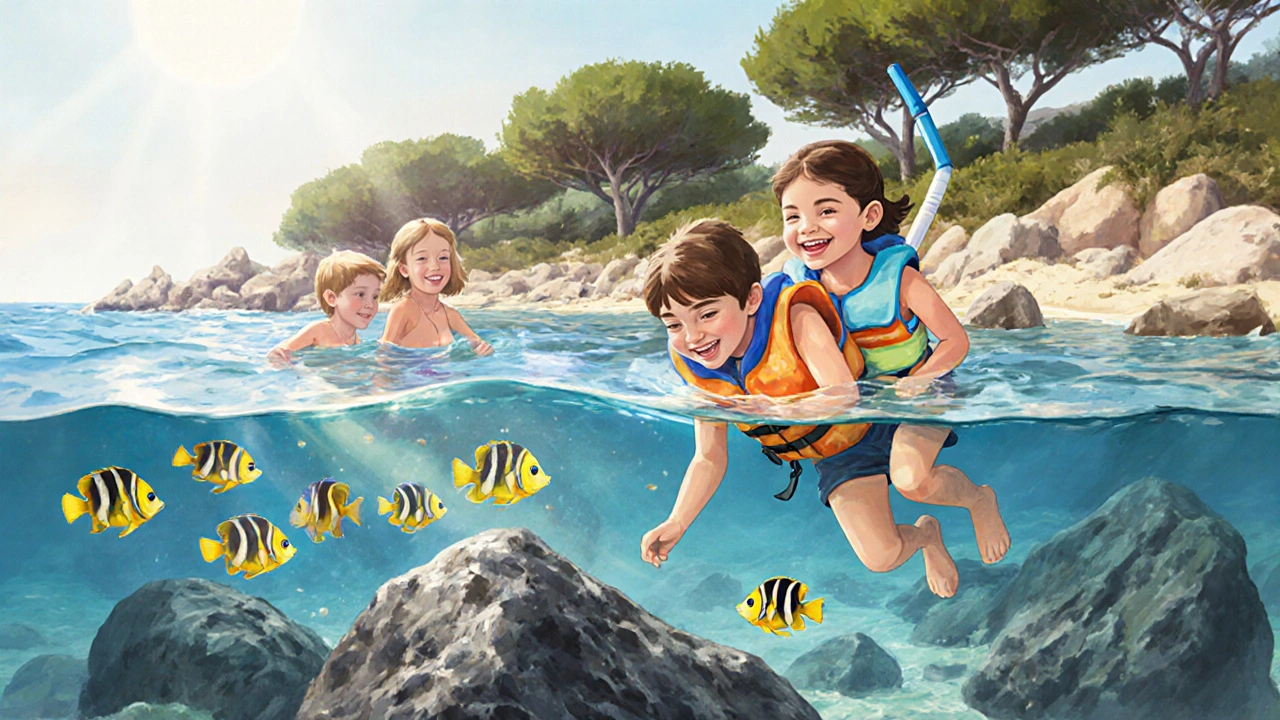 Familia snorkelando en Cala de la Font con un niño usando chaleco flotante y peces coloridos.