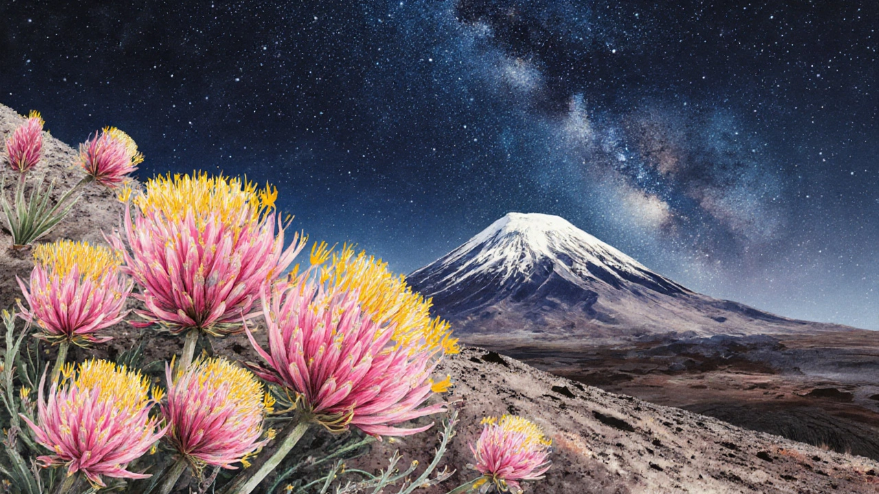 Flor del Teide en floración, de pétalos rosados y amarillos, creciendo entre lava petrificada bajo la Vía Láctea.