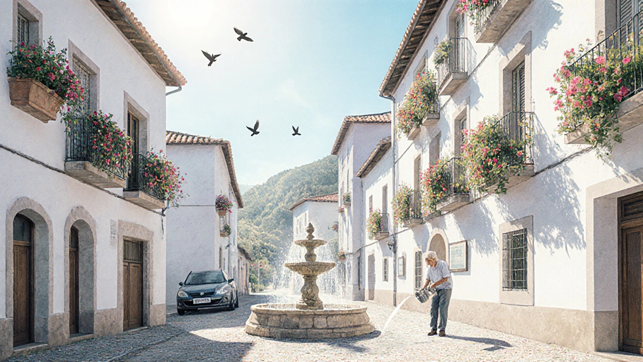 Fornalutx, pueblo impecable con flores en todos los balcones y una fuente de piedra en el centro.