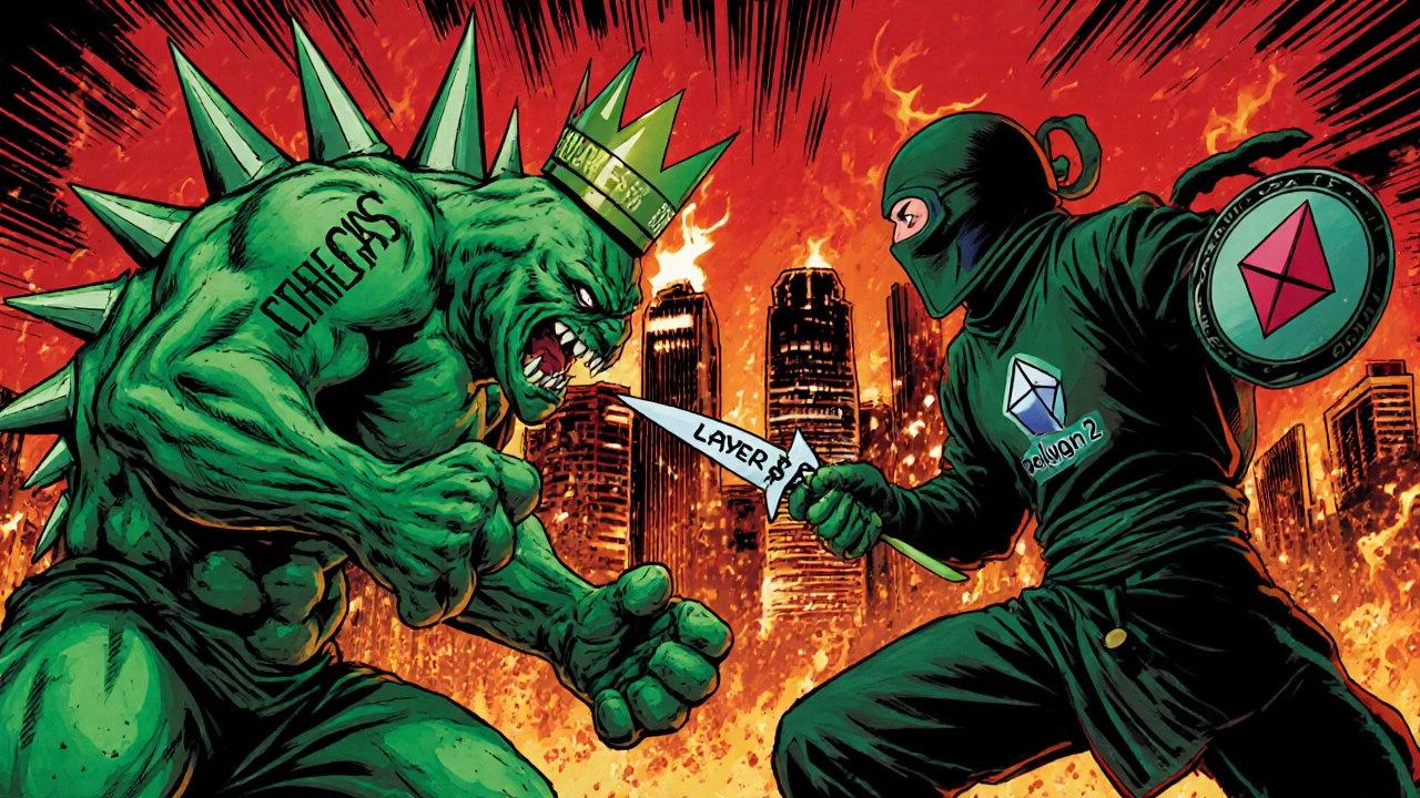 Ilustración en estilo cómic de un ninja de Polygon derrotando a un monstruo de tarifas de Ethereum.