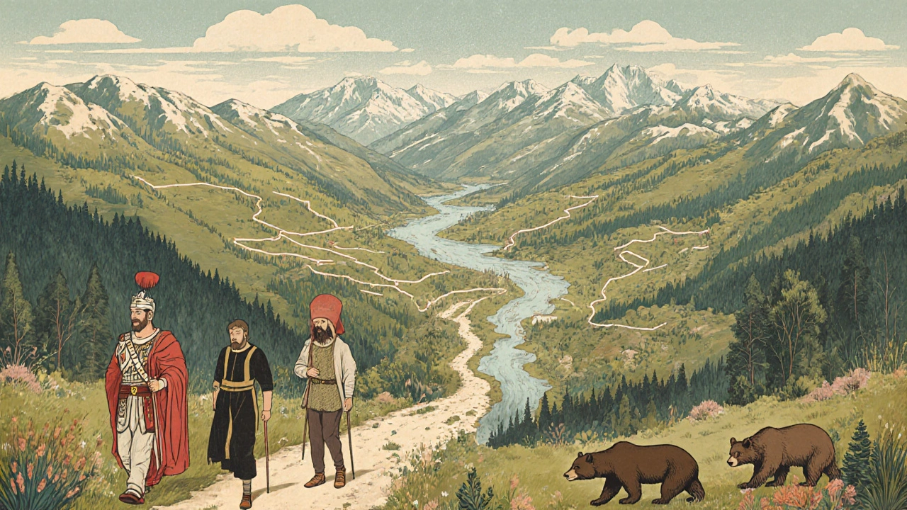 Ilustración histórica de los Pirineos como sistema vivo, con pastores, osos, peregrinos y ríos conectados en una cadena continua.