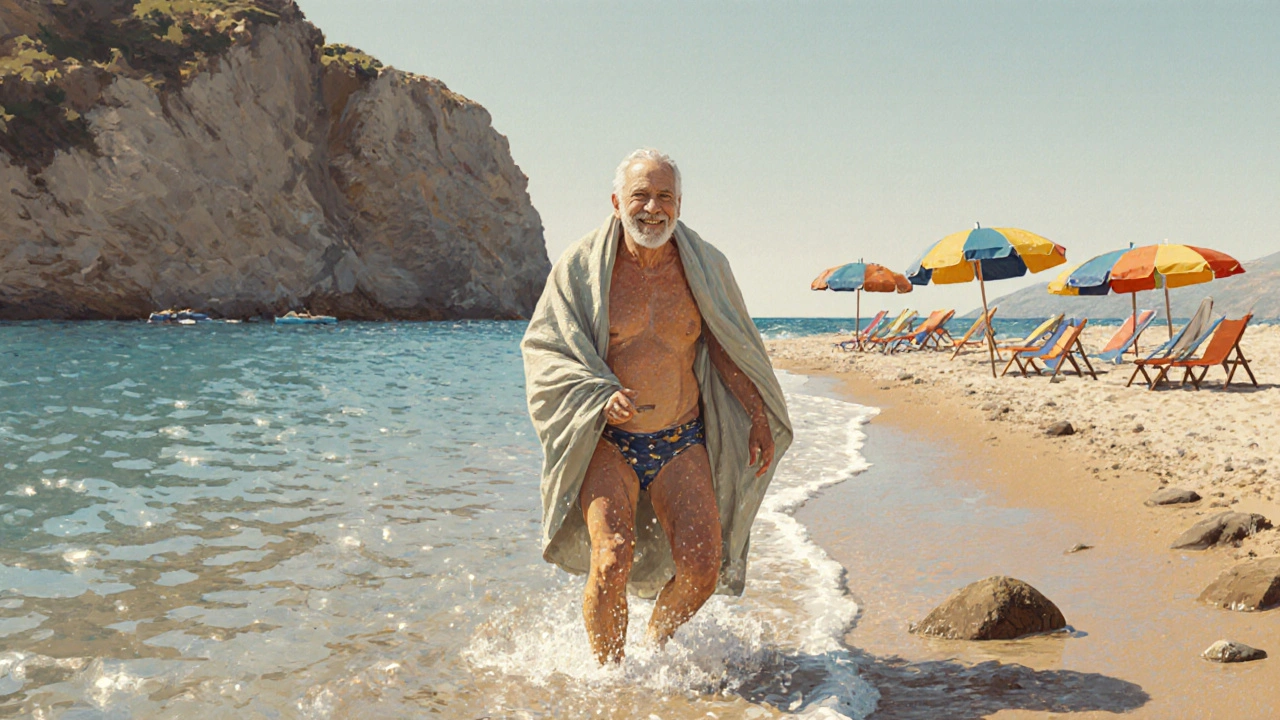 Local saliendo del mar en Cala d’Or envuelto en una toalla, bajo el sol de otoño.