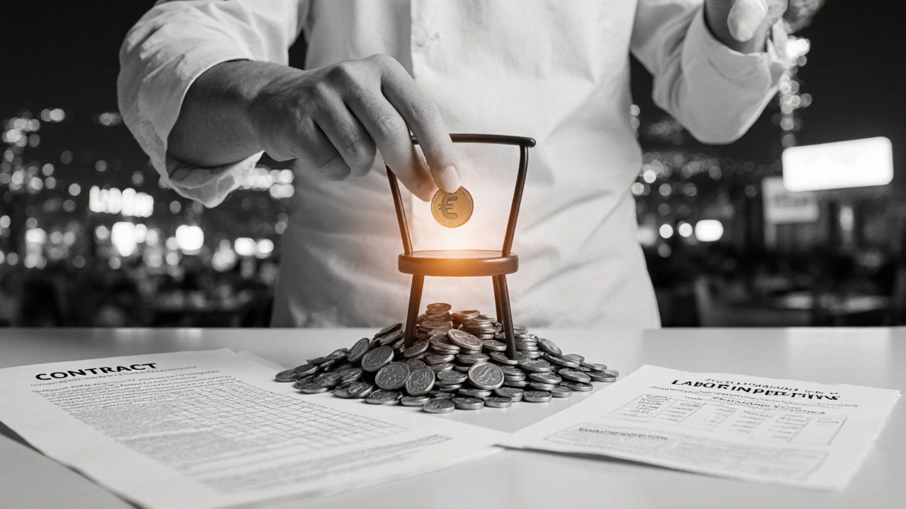 Mano colocando monedas en forma de silla de restaurante, rodeada de documentos laborales.