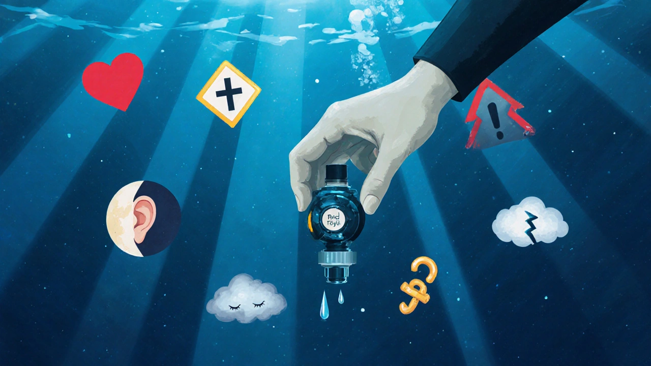 Mano de buceador con regulador defectuoso rodeada de símbolos de advertencia que se disuelven en el agua.