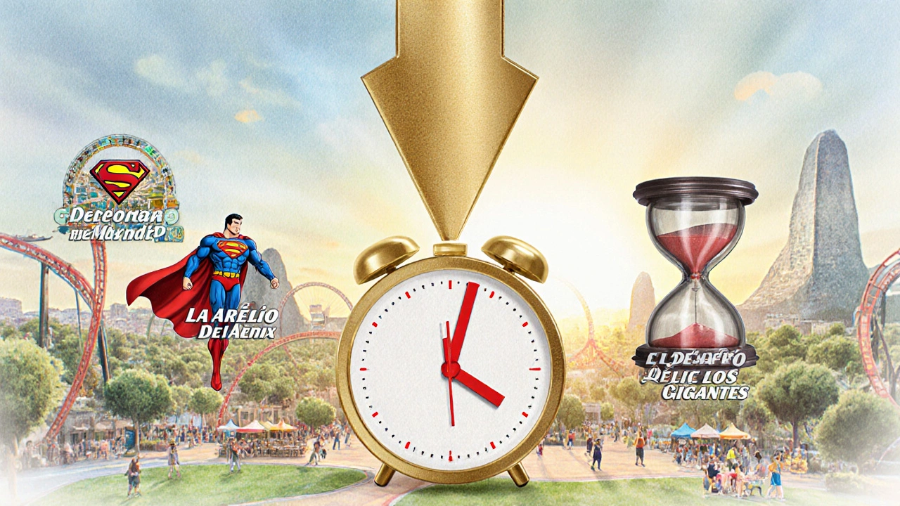 Mapa de parque con flechas doradas que guían entre atracciones, simbolizando ahorro de tiempo y eficiencia.