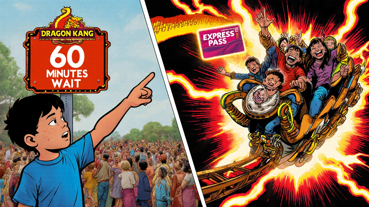 Niño sonriendo en una montaña rusa tras usar un pase express, mientras la multitud espera abajo.