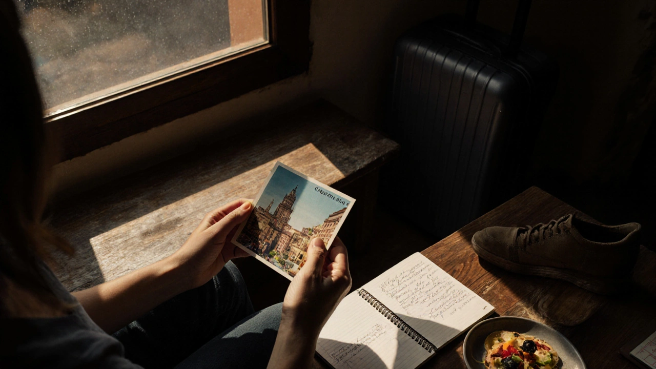 Persona en casa sosteniendo una postal, comida española y cuaderno abierto, luz de atardecer.