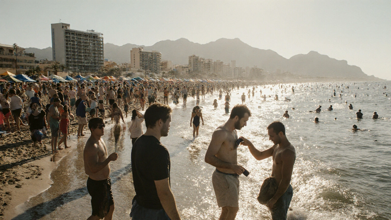 Playa de Palma abarrotada de turistas, con hoteles al fondo y un ladrón robando un móvil.