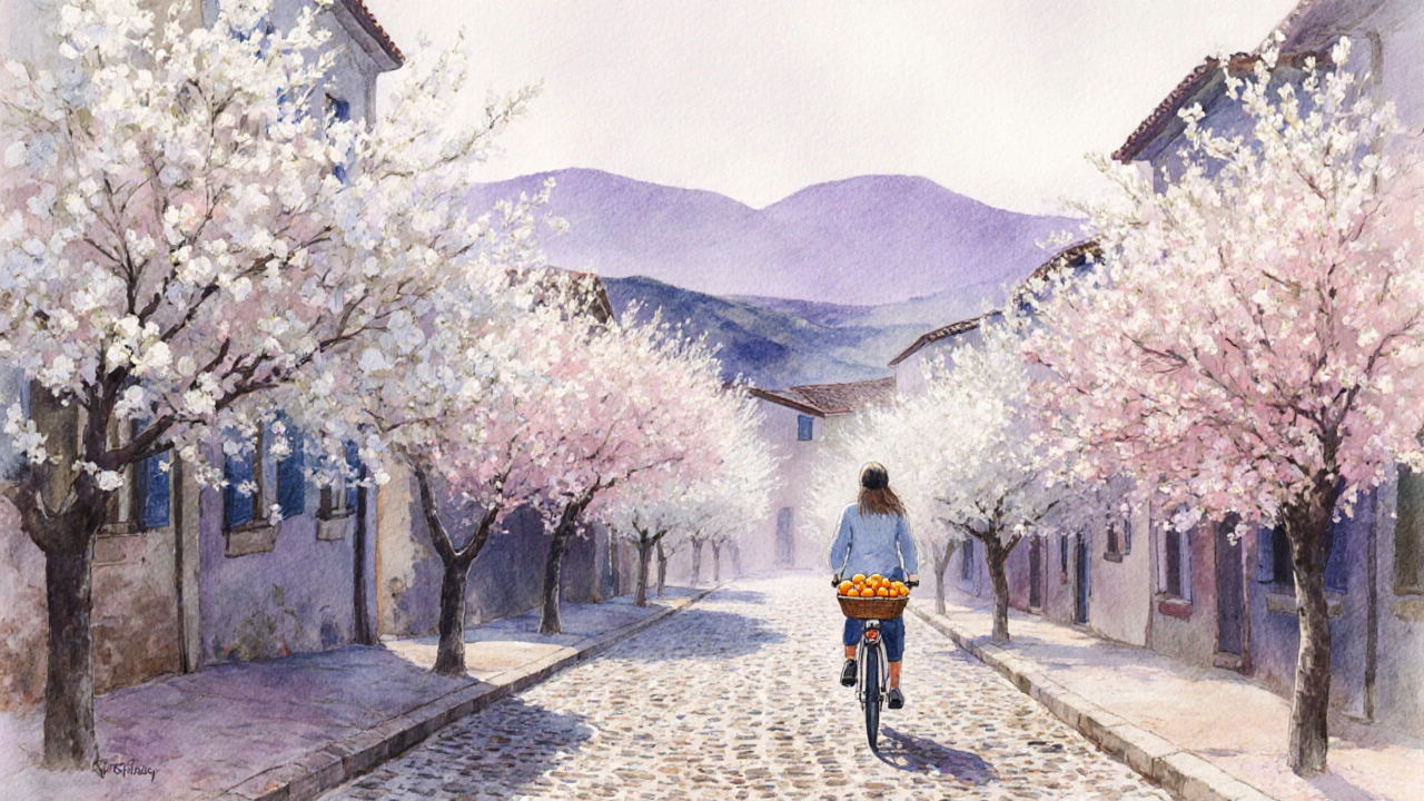 Pueblo de Llucmajor en abril con almendros en flor y un ciclista pasando en la calle.